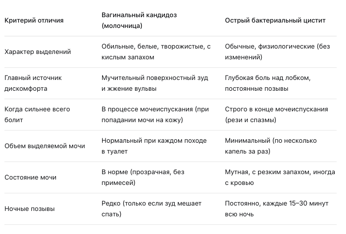 Сравнительная таблица: молочница или цистит?